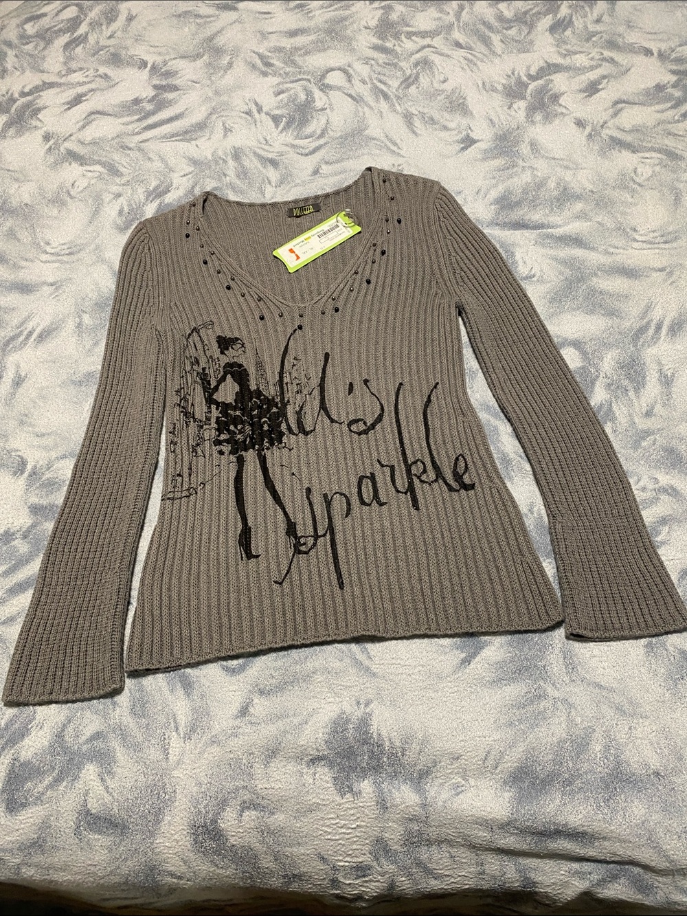Miss Sparkle Gray Ribbed V-Neck Sweater